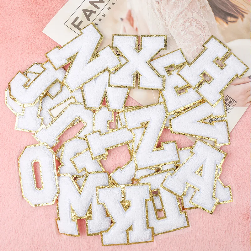 

White Letter Sequins Patches Towel Embroidered Alphabet Felt Chenille Iron on Patch for DIY Accessories Applique Glitter A-Z 8CM