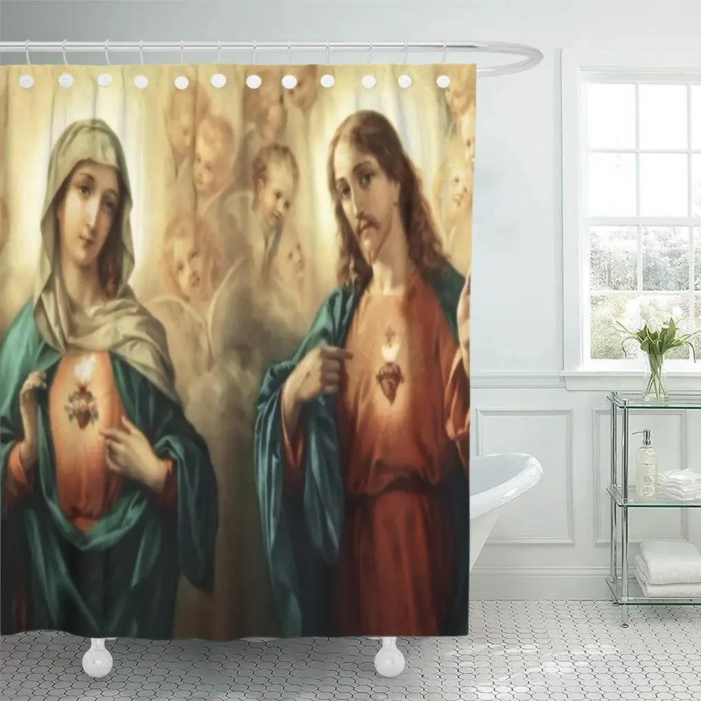 Shower Curtain Heart Personalize Family Immaculate Mary Virgin Mother Home Waterproof Bathroom Decor