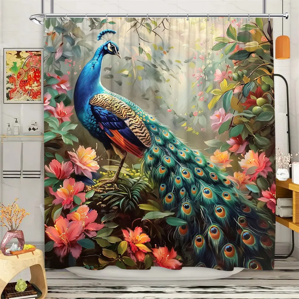 Peacock Shower Curtain Vintage Tropical Flower Botanical Landscape Oil Painting Elegant Polyester Fabric Bathroom Decor Curtains