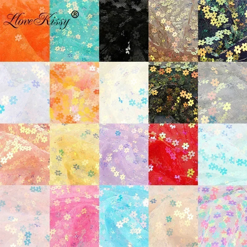 22 Colors Small Plum Blossom Mesh Sequin Fabric Illusion Laser Sequin  Wedding Background Decoration Fabric 5 Yards Wide:125cm