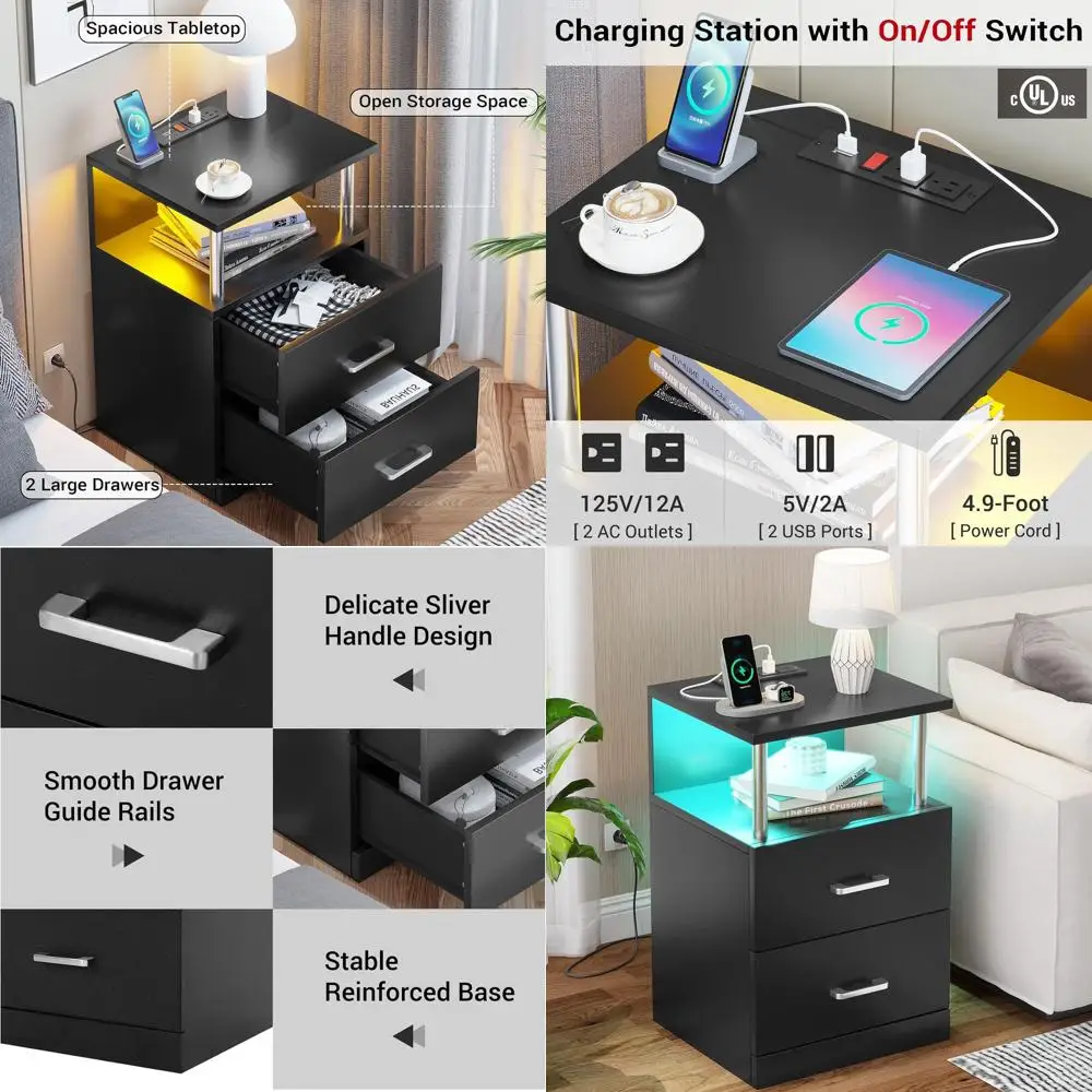 

Modern Charging Station Nightstand with LED Lights, Open Storage, Drawers, 2 USB Ports, 2 Outlets, Black Bedroom Side Table