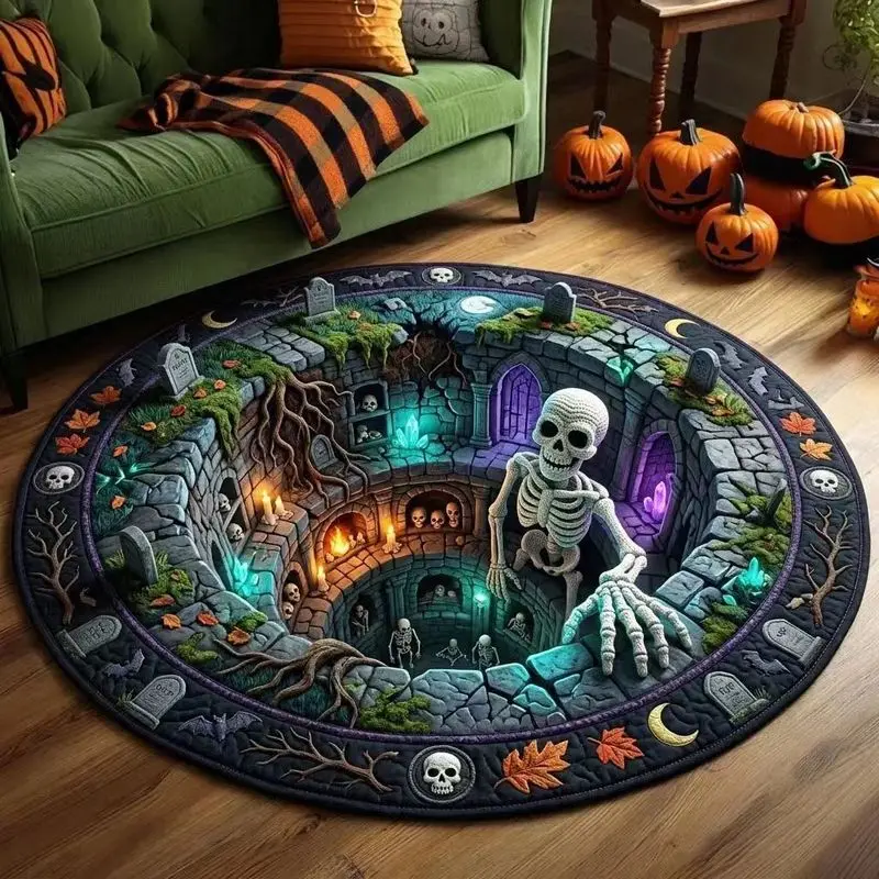 VIKAMA Halloween Round Rug Skeleton Tombstone Pumpkin Bat Print Decorative Non Slip For Living Room Bedroom Gaming Room Decor