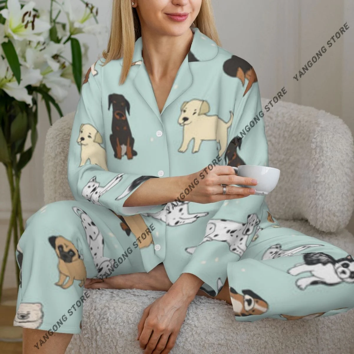 

Женские пижамы с длинными рукавами, домашняя одежда для девочек, комплект из двух предметов, пижамы с милыми мультяшными собаками на осень-весну