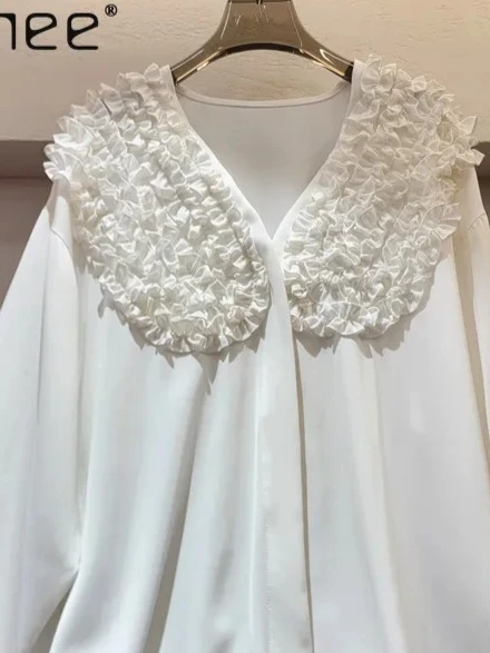 

Новая весенняя женская рубашка 2026 года: элегантная, с рюшами, V-образным вырезом, длинным рукавом, свободного кроя, однотонная, универсальная, для офиса и повседневной носки