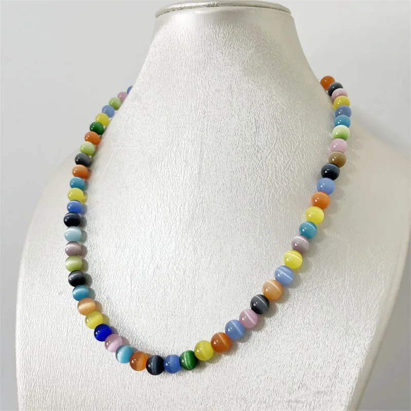 8MM Cat Eye Necklace Colorful Mix Color Bead Women Luxury Gemstone Gem Preciosas Undyed Natural Stone Yoga Jewelry Female