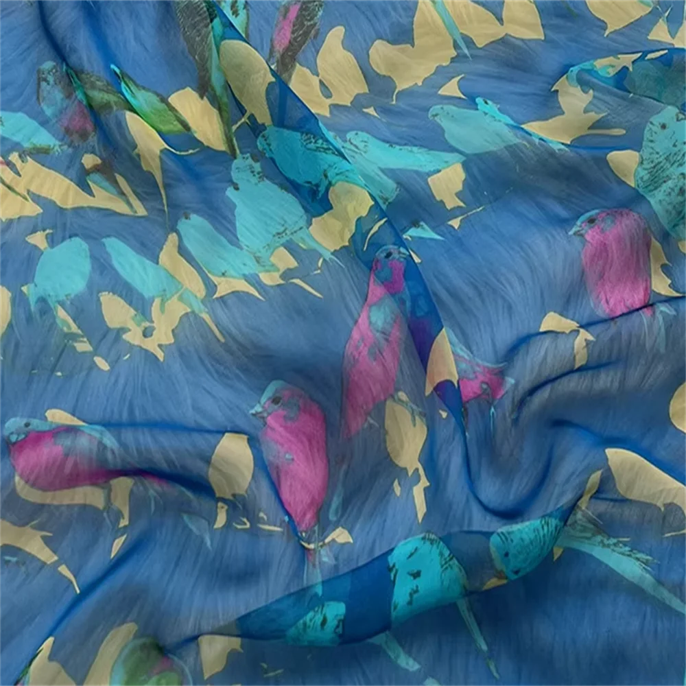 Comfortable Feeling High Quality Bird Floral Printing Design Breathable Material Silk Chiffon Fabric for Women Shirt