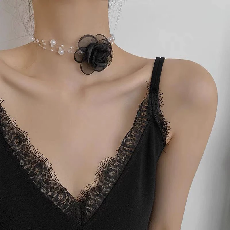 Romantic Pearl Choker Camellia Necklace Black White Summer Clavicle Chain With Flowers Pearls For Women