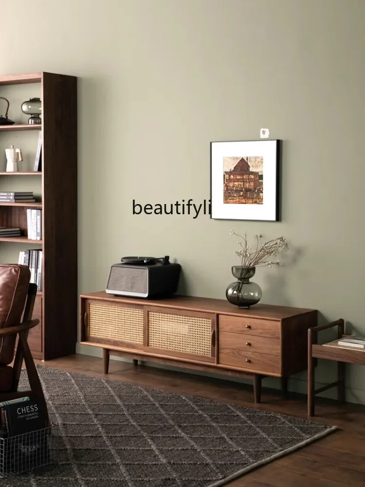 

07Solid Wood TV Cabinet B & B Style Rattan Door Living Room Simple Modern Log Black Walnut Color Floor Cabinet furniture