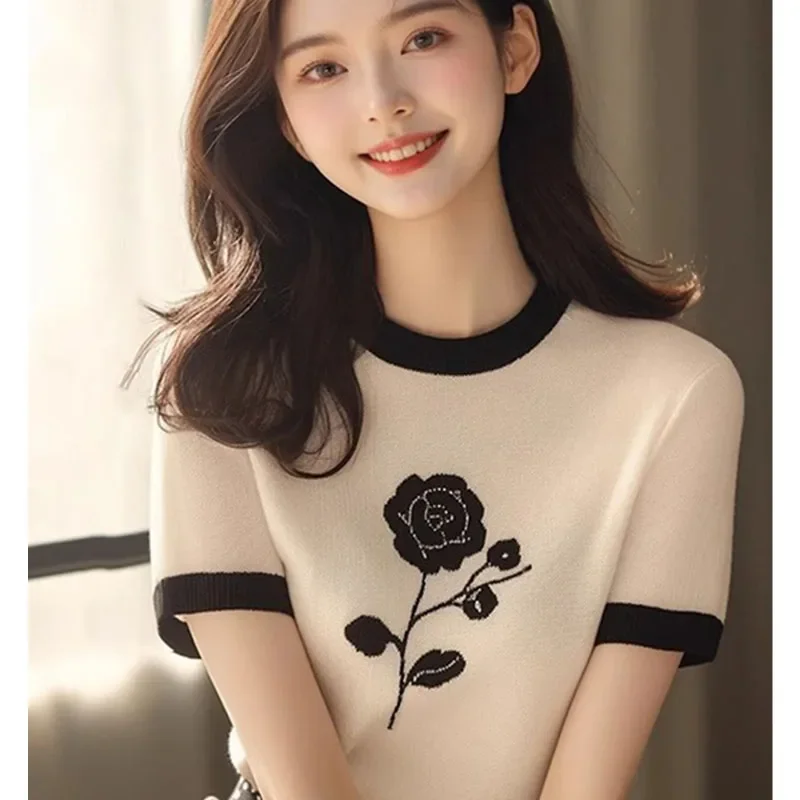 

Women Fashion O-neck Rose Printed Short Sleeve T-shirt Summer Vintage Commute Slim Knitted Thin Top Pullovers