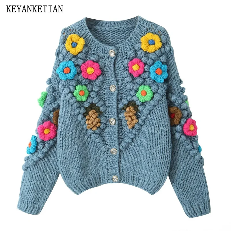 

KEYANKETIAN Winter New Women's Flowers Decoration Coarse Yarn Handmade Sweater Grayish blue Holiday wind Sweet Knit Cardigans