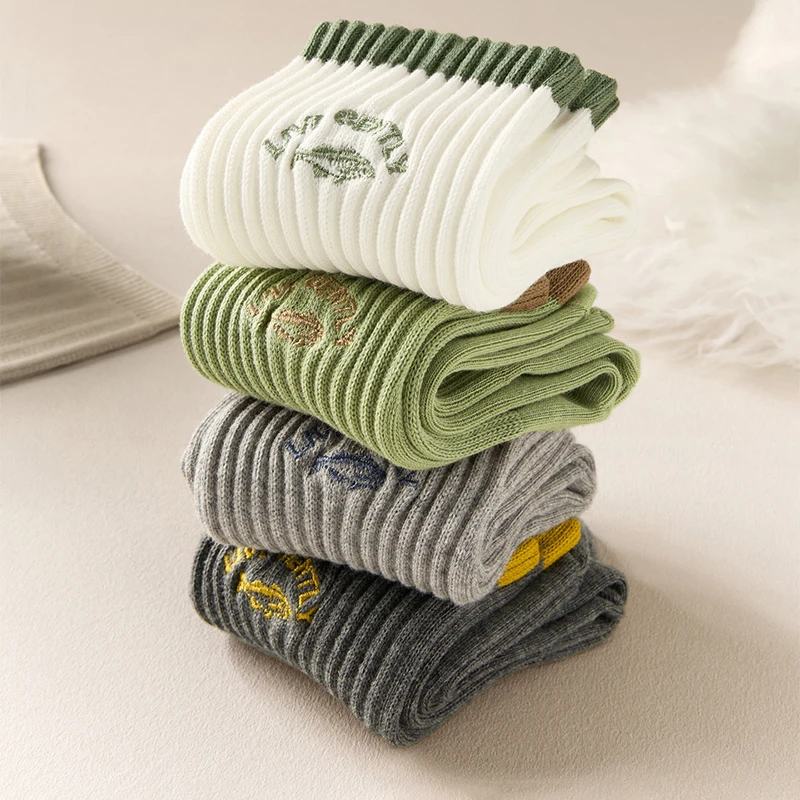 4 Pairs Mid Calf Cotton Socks with Embroidered Pattern for Men Breathable Sweat Absorbent Athletic Socks