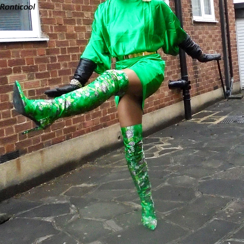 

Ronticool New Women Winter Thigh Boots Printed Floral Thin High Heels Pointed Toe Gorgeous Green Yellow Shoes Women Us Size 5-15