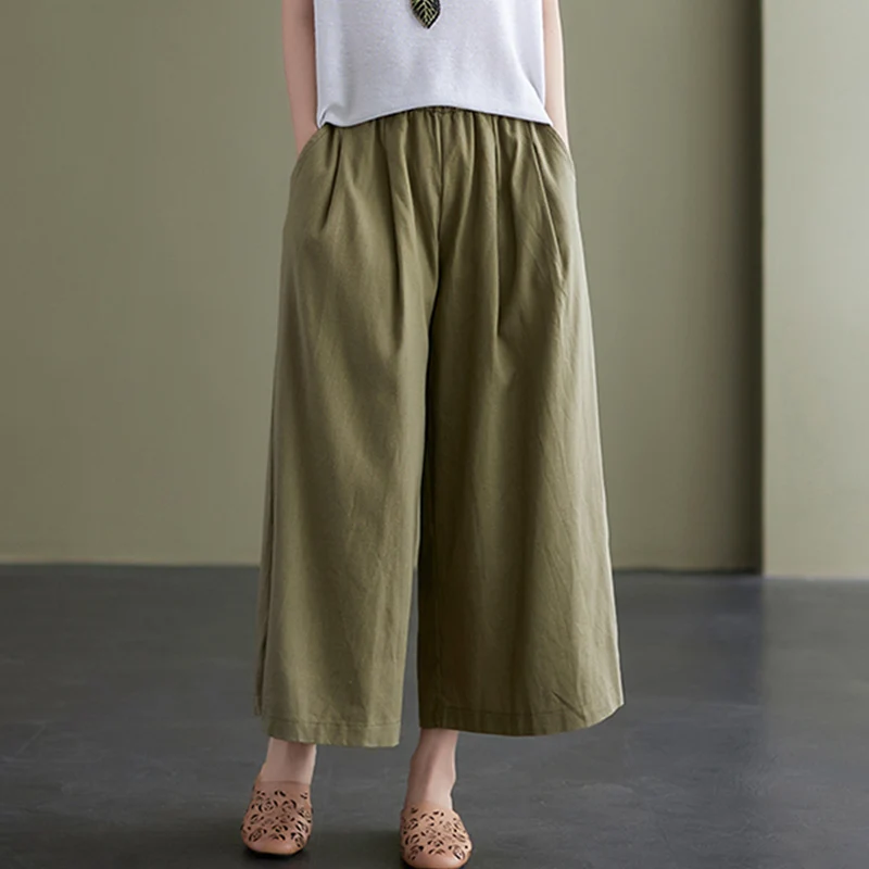 Casual algodão linho cor calças de perna larga solto ajuste feminino plus size a linha confortável cintura elástica