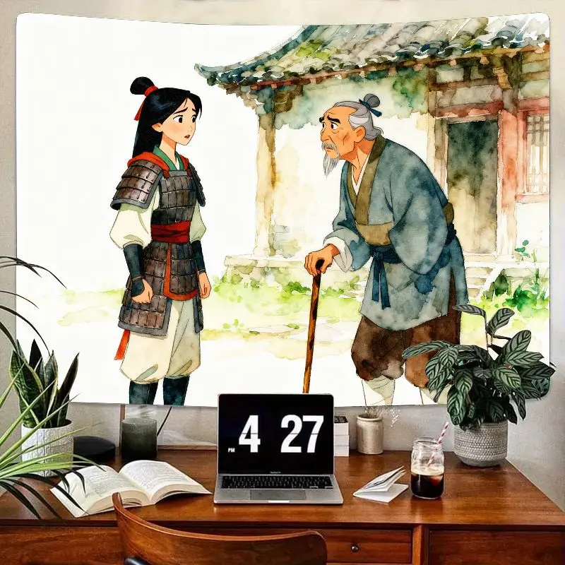 

1 шт. гобелен в стиле мулан, акварельные настенные рисунки китайского воина и отца, подвеска из полиэстера с древней легендой для домашнего декора