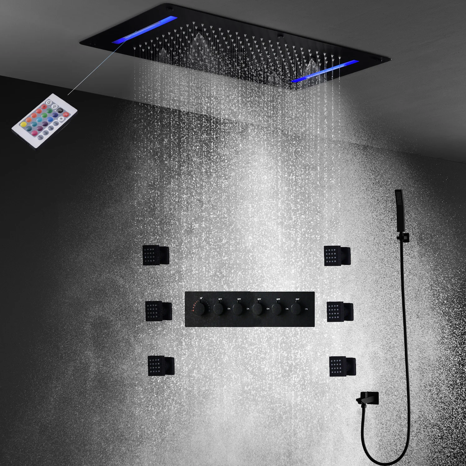 

hm 5Functions Black Rain Shower Set 380×700MM Ceiling LED Shower Head System Bathroom Thermostatic Mixer Massage Body Jet Faucet