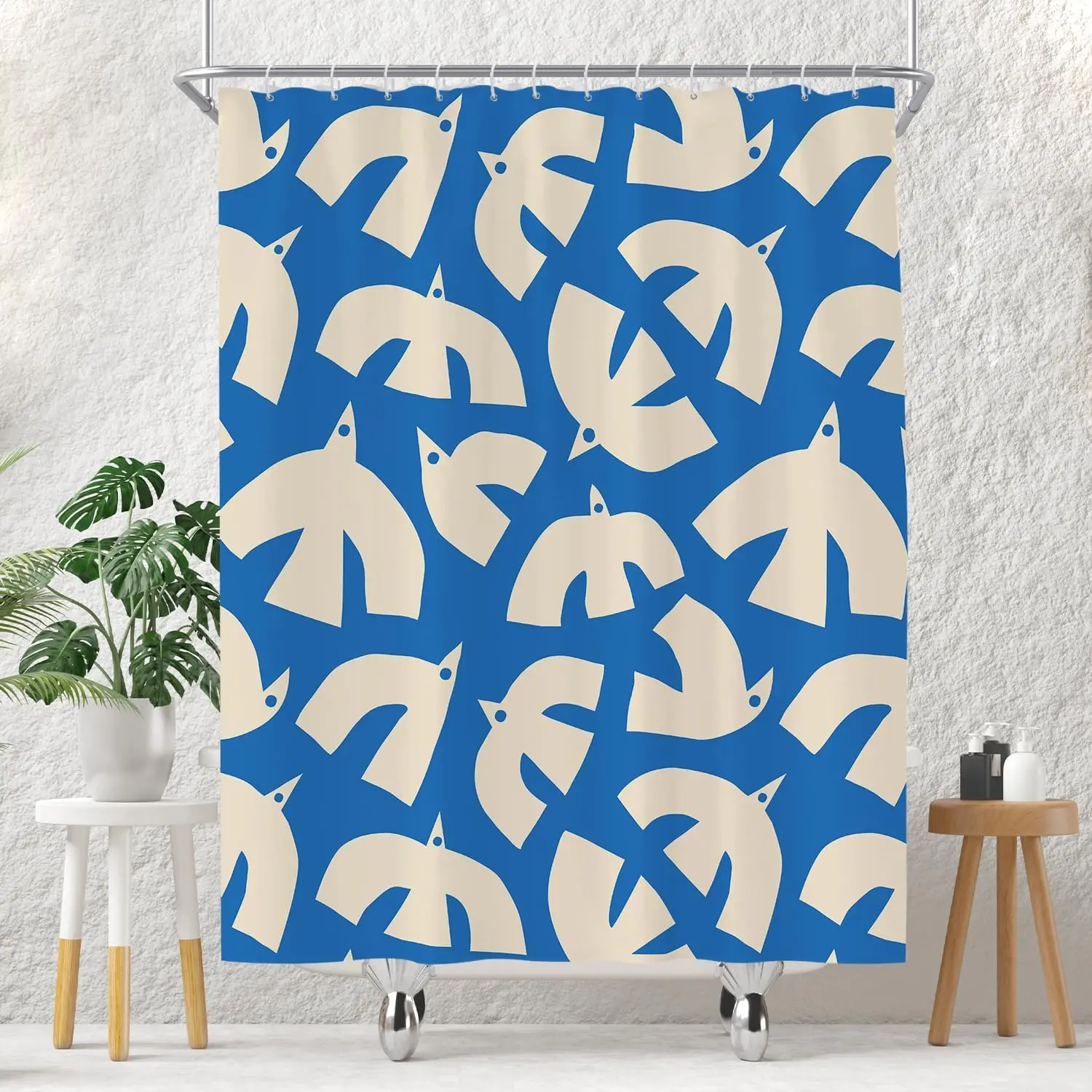 Modern Blue Bird Pattern Shower Curtain Waterproof Bathroom Shower Curtain Liner for Home Decor