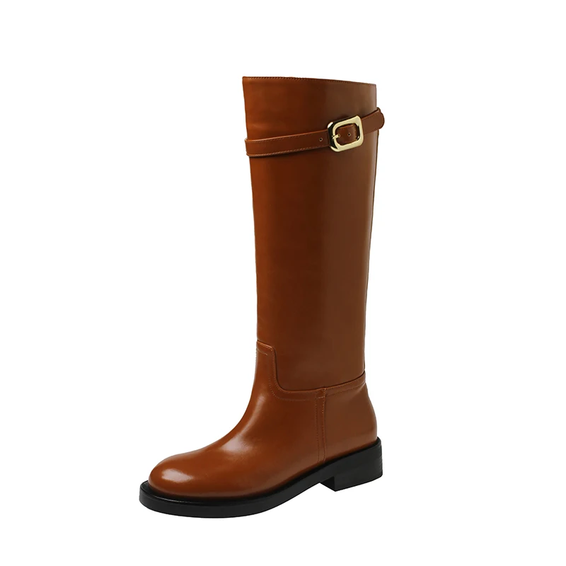 Arden Furtado Autumn Cowhide Riding Boots Round Toe Side Zipper Middle Heel Knee High Boots Large Size Mixed Colors Boots
