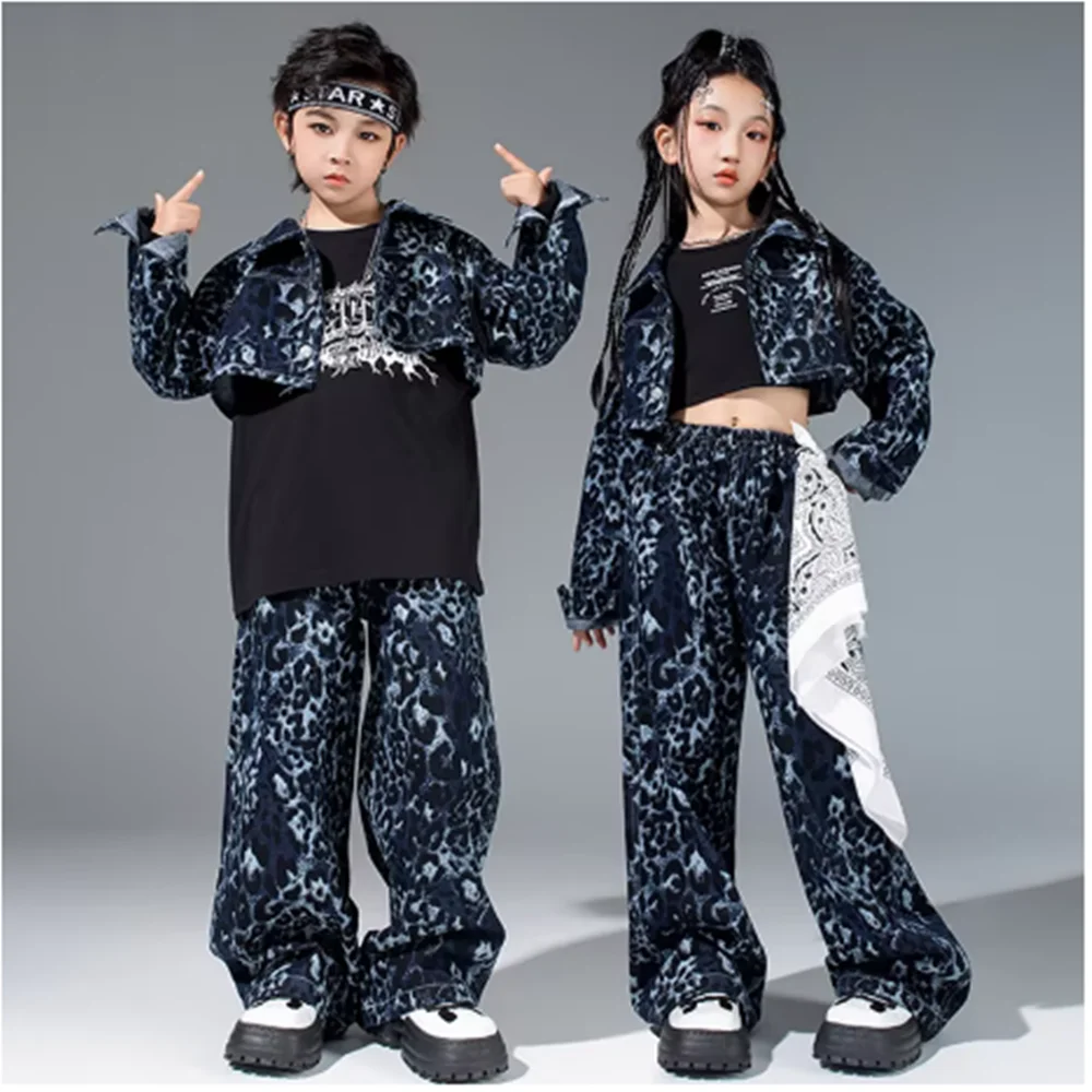 

Leopard Blue Street Dance Suit Children Hip Hop Kpop Dance Stage Costume Boys Girls Club Jazz Performance Suit Jacket Pants