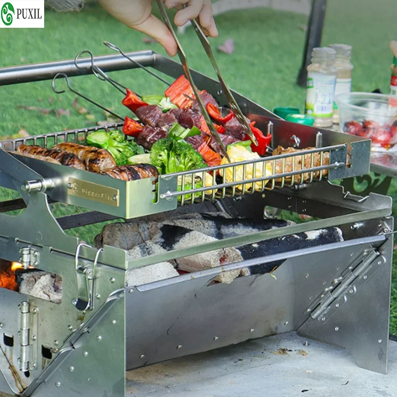 360° Rotating BBQ Grill, Manual Push-Pull Automatic Flipping Charcoal Oven, Suitable for Outdoor Camping and Picnics