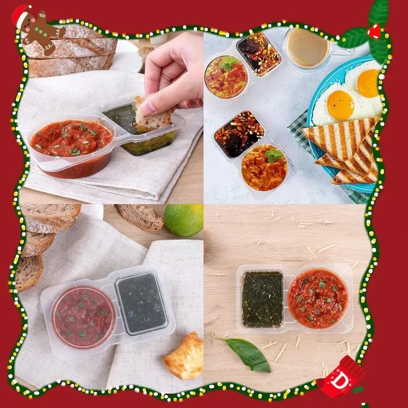 10-100Pcs Double Compartment Condiment Container with Lid Snack Containers for to-go Sauce, Sampling, Travel Snack