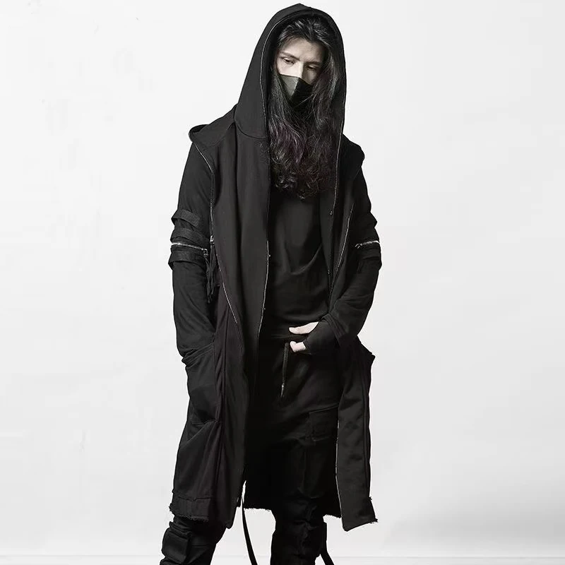 Gothic Black Medium Length Hooded Trench Men Japanese Style High Street Multi Zipper Casual Long Coat Spliced Cloak Wndbreakers
