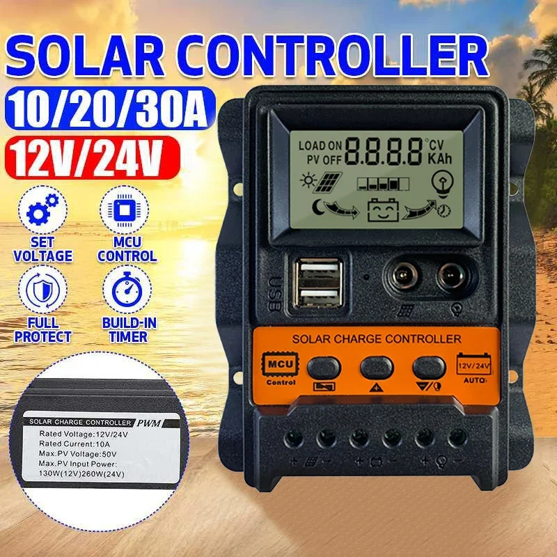 

12V/24V Solar Panel 30A Battery Charge Controller LCD Regulator Dual USB PWM Battery Charging Units Electronics Car Accessories