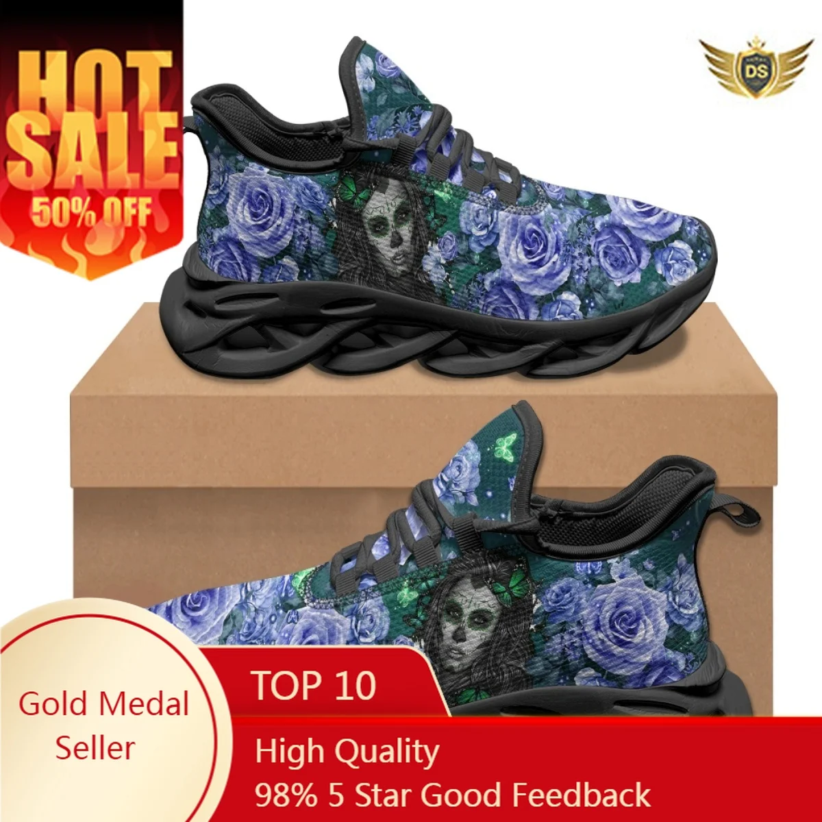 

Gothic Girl Purple Rose Design Light Soft Flats For Women Comfortable Mesh Sneakers Lace-up Running Shoes Halloween Gift 2023