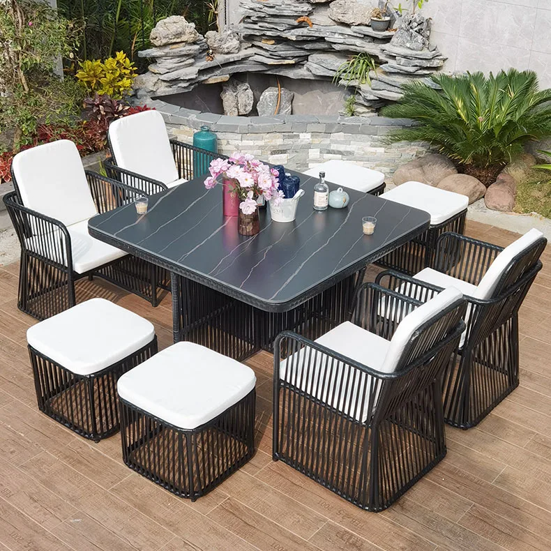 

Garden Furniture 3 Person Outdoor Cafe Restaurant Dining Set 10 Seats Patio Rattan Furniture