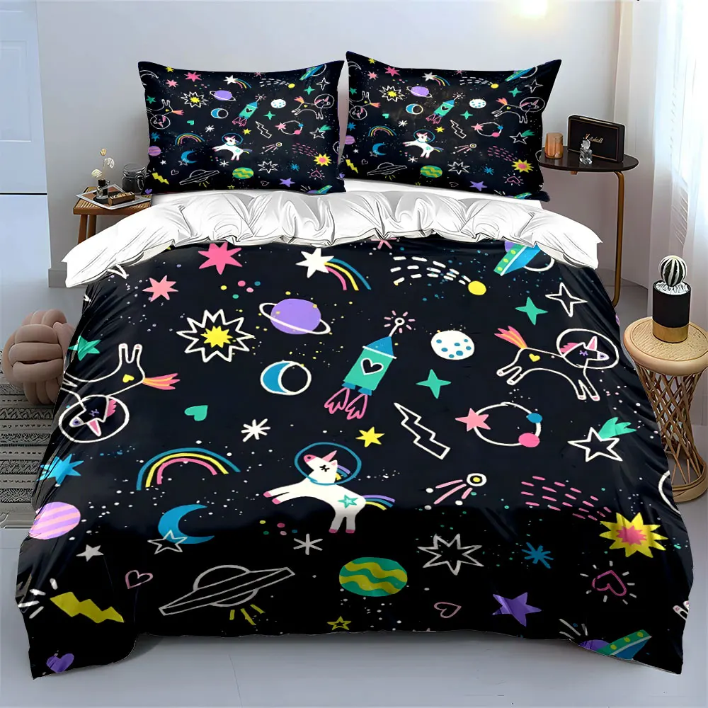 Fantasy space unicorns and stars Print Bedding Set 1 Duvet Cover 2 Pillowcases for Adult and Children Luxury Gift Full Size