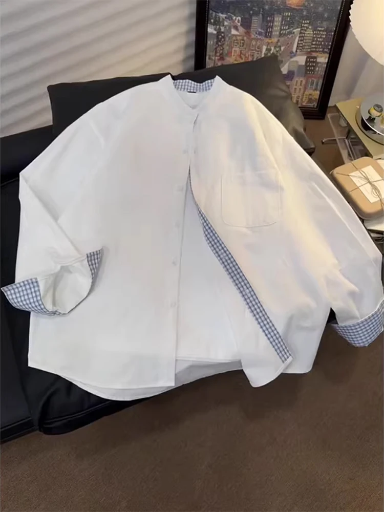 

White Plaid Spliced Long Sve Casual irt Men's Spring Vintage Stand Collar Jaet Retro High-End Feeling Outerwear