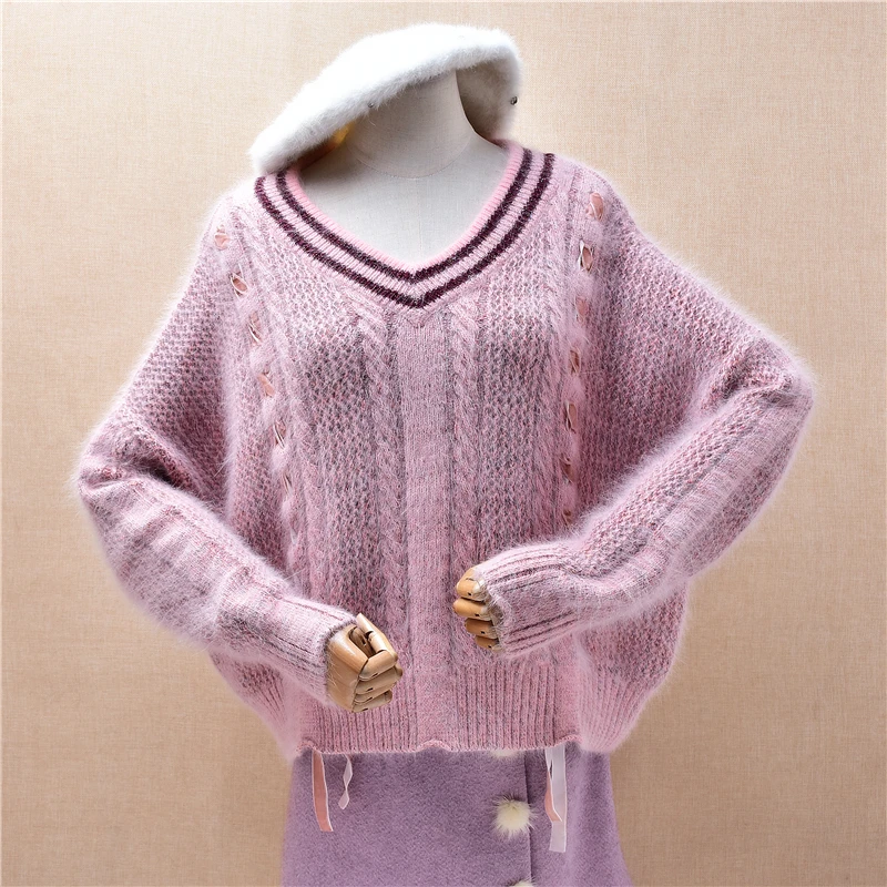 

Women Mujer Autumn Winter Clothing Pink Hairy Striped Mink Cashmere Knitted V-Neck Long Sleeves Loose Pullover Sweater Jumper