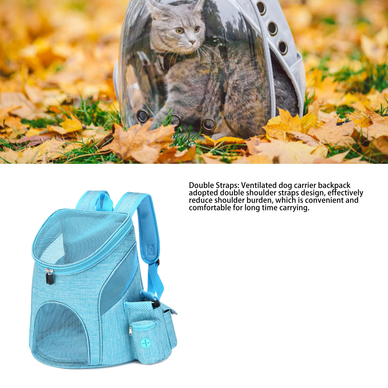 Light Blue S Size Dog Carrier Backpack Nylon Polyester Breathable Mesh Foldable Portable with Snack Pocket for Small Pets
