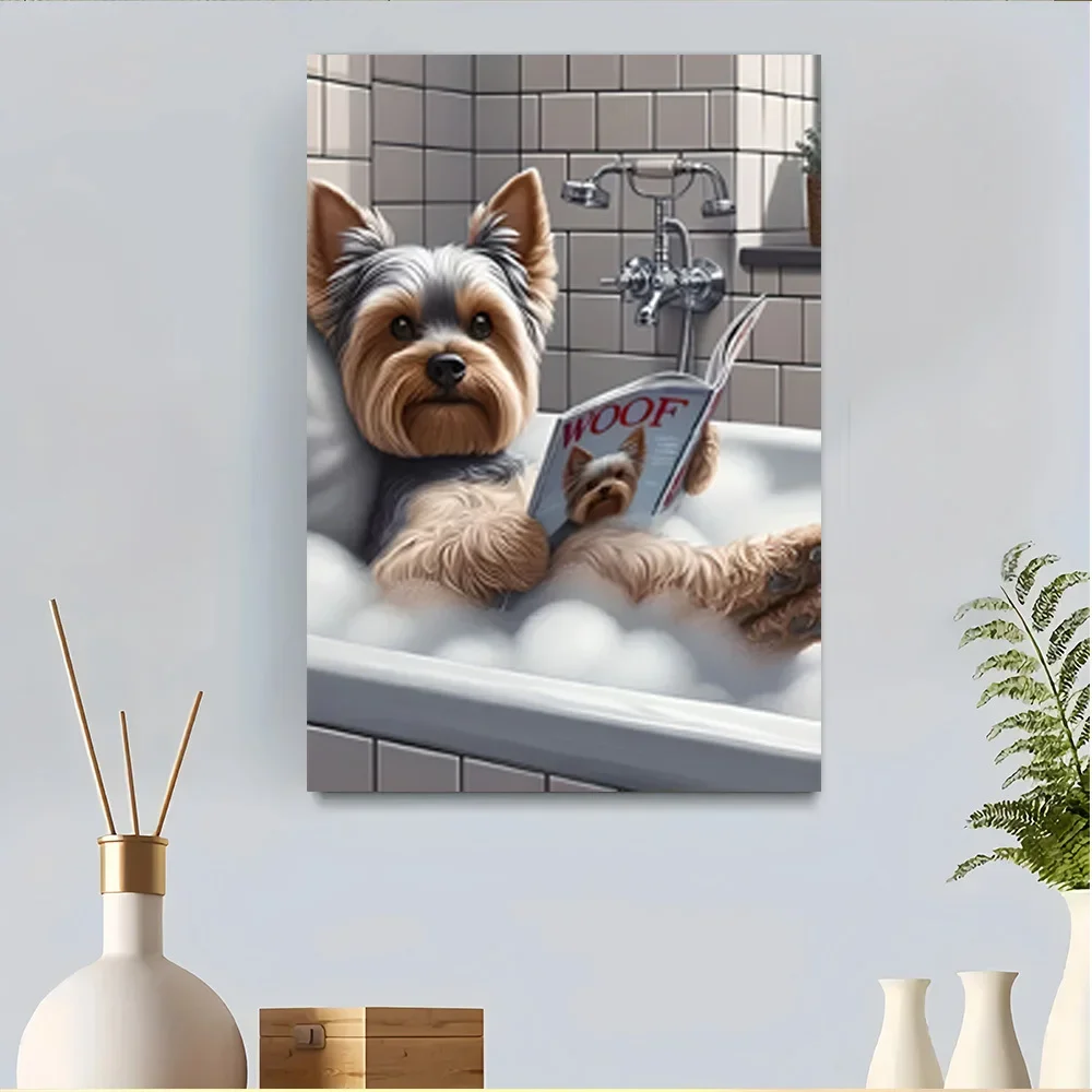 Frameless Canvas Painting Yorkshire Terrier Bathtub Canvas Art Print - No Framed Whimsical Yorkie Bathroom Wall Decor For Dog Lo