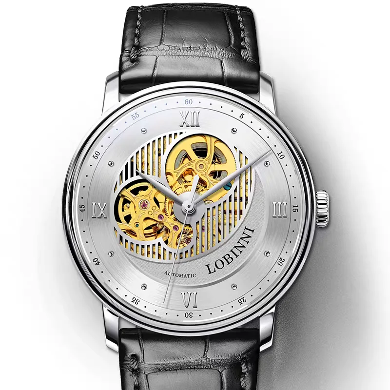 Lobinni Men Automatic Watch 40MM Mechanical Wristwatch Skeleton Dial 50M Waterproof Sapphire Leather Strap