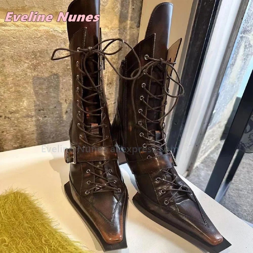 Women Vintage Brown Mid Calf Boots Pointed Toe Lace Up Tall Booties with Buckle Strap Side Zipper Gothic Punk Street Style Trend
