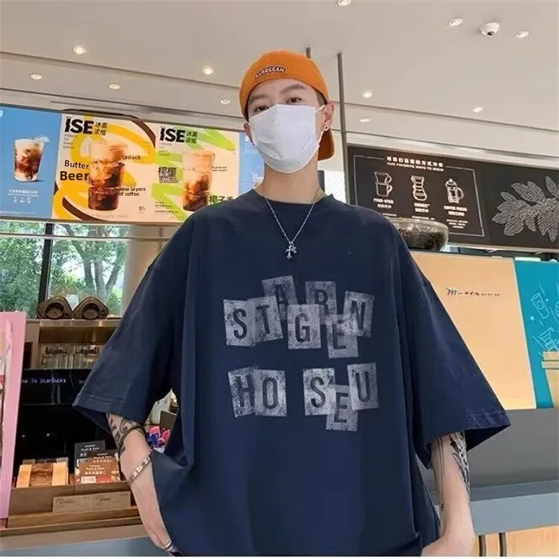 

New Men's ort Sve T-irt Summer Loose Casual Korean Sle Simple f Sve Top Hong Kong Sle Loose Casual Trendy Br...