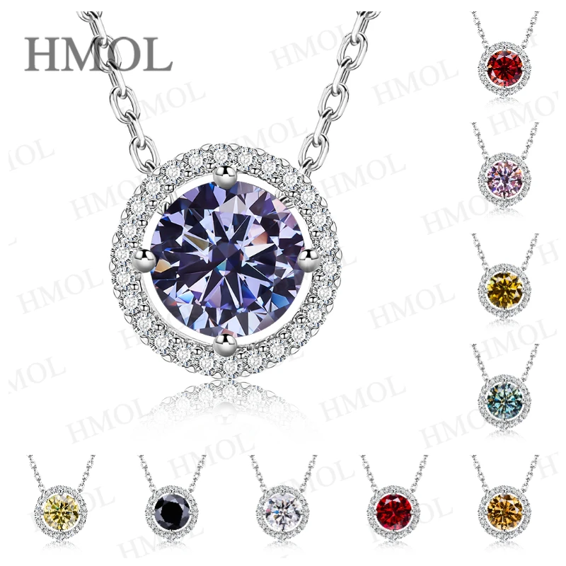 Necklace Moissanite Round Shape Pandent Simple Basic 925 Sterling Silver Multicolor Lady's Wedding Clavicle Chain Jewelry Charms
