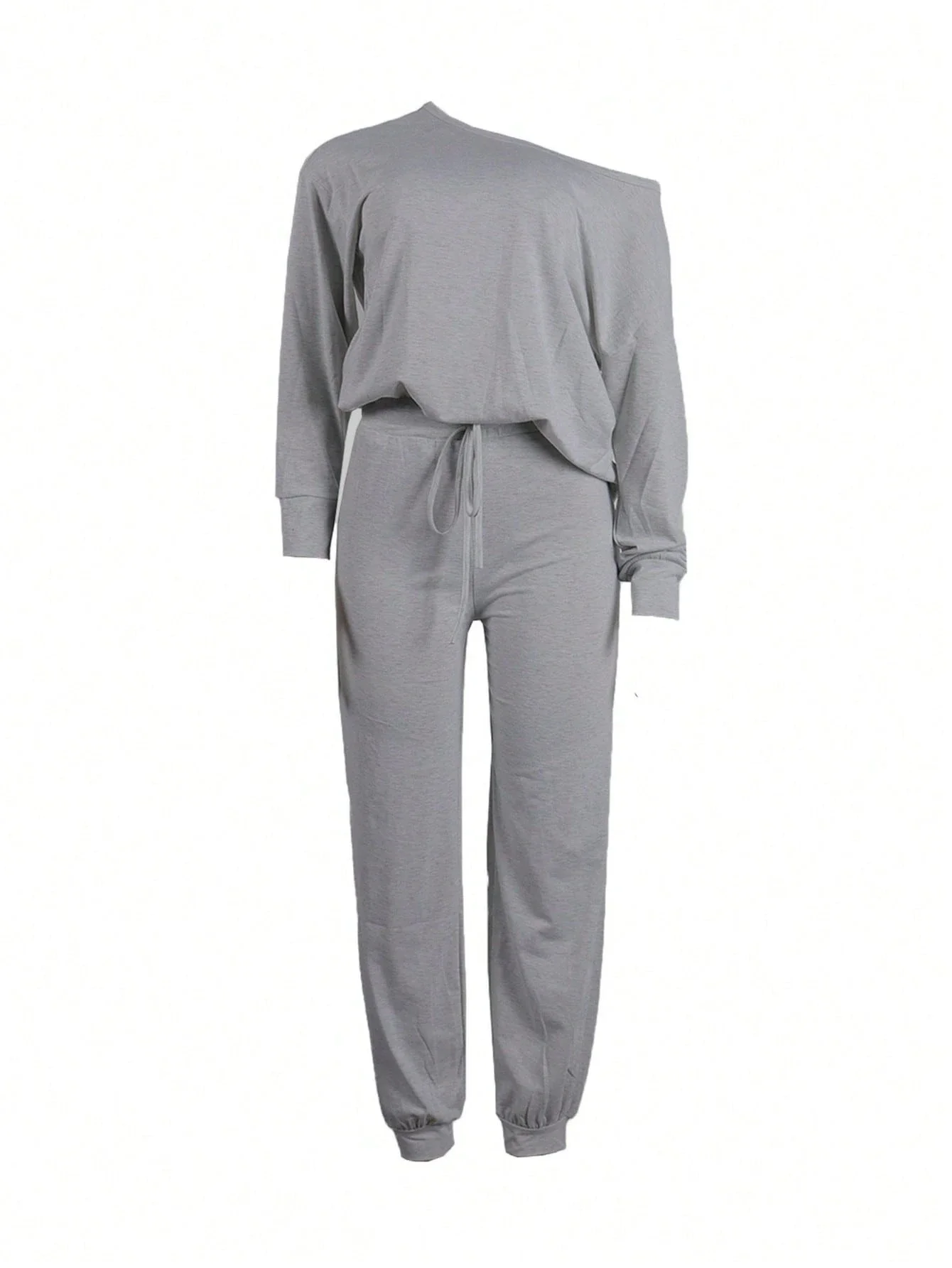 

Plus Size Women Casual One Shoulder Two Piece Set Solid Color Home Daily Wear