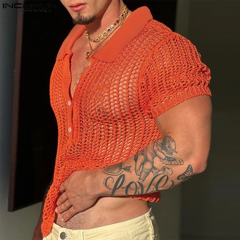 

INCERUN Мужская рубашка, сетчатая прозрачная сексуальная мужская одежда с лацканами и короткими рукавами, уличная одежда, 2025 г., однотонные модные майки S-5XL