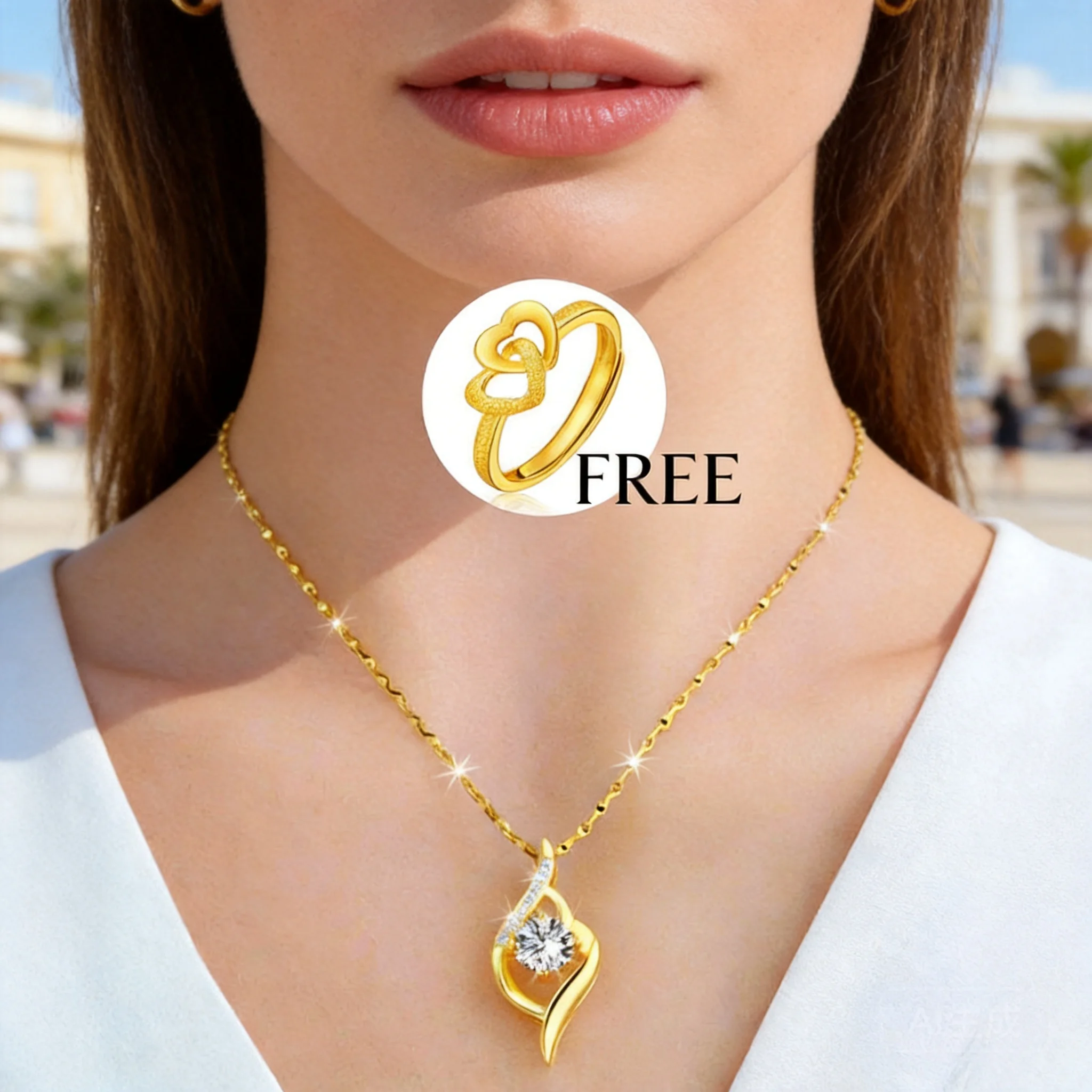 

Women's copper gold plated heart pendant necklace with free ring for daily wear date tarnish resistant dainty clavicle chain fas