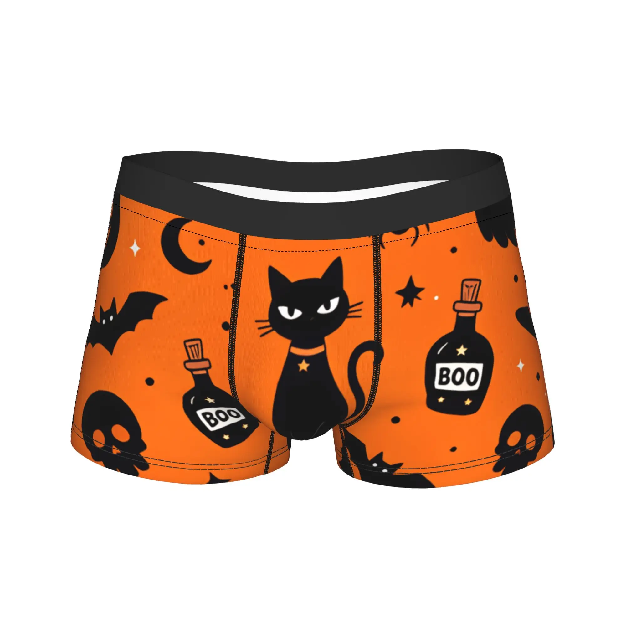 Halloween Ghost Cat Bat Pumpkin Witch Hat Orange Seamless Pattern Shorts Briefs  Underwear Trenky Men Comfortable Trunk Panties