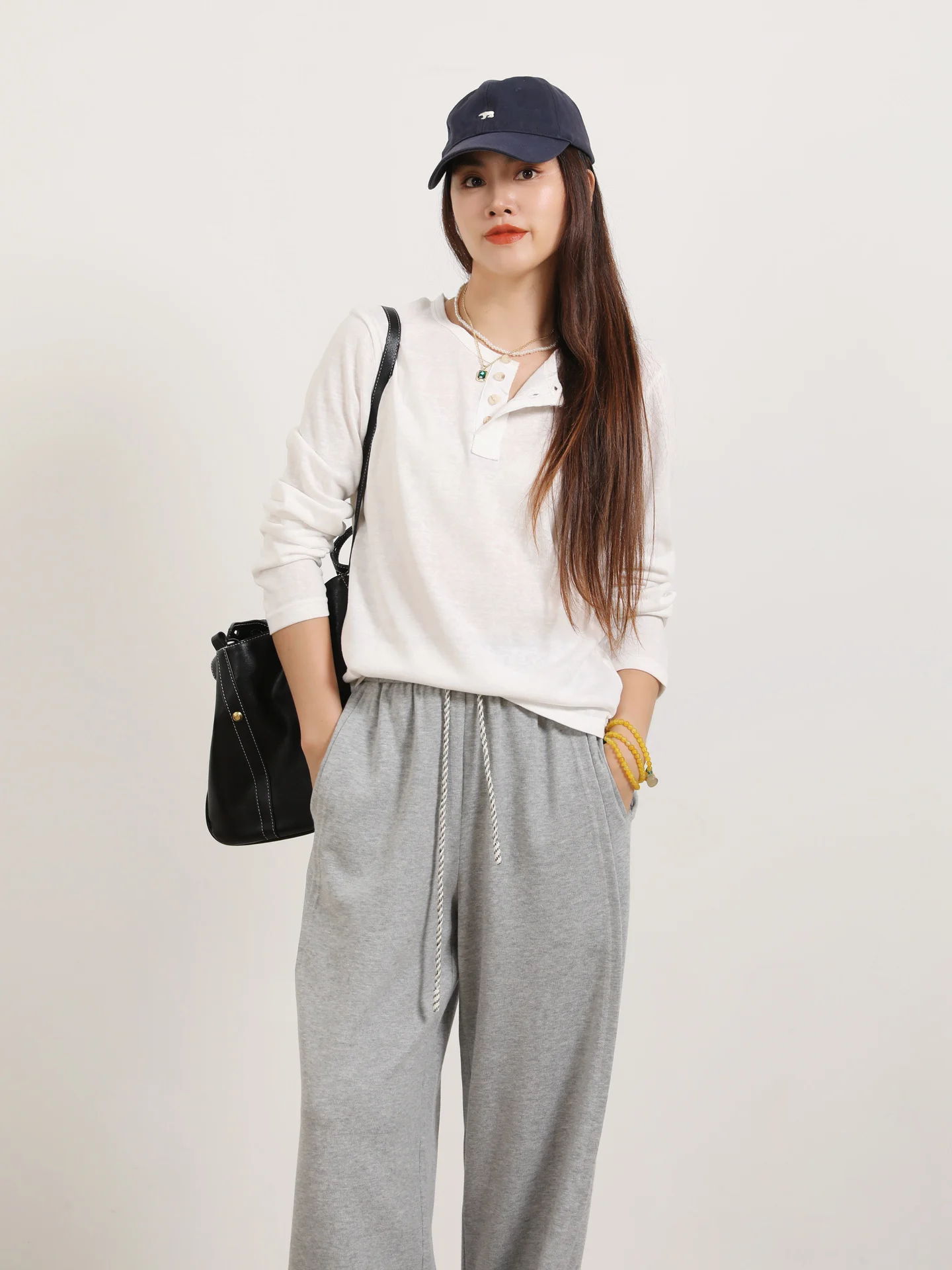 

Slimming Loose Long Sve T-irt Henry Collar Base irt Outerwear oulder Width Regular Cotton Korean Sle Commute Wind