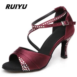 Latin Dance Shoes Ladies Salsa Tango Ballroom Party Dancing Shoes Rhinestone Satin Purple Black Girls High Heel Sandals