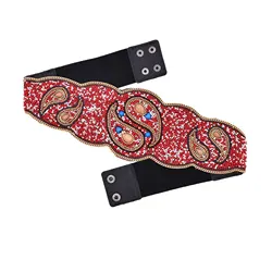 Beads Women Belt Colorful Acrylic Ethnic Elastic Statement Waist Belts Vintage Red Leather