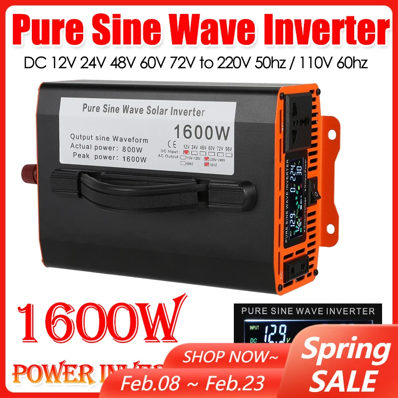 

Pure Sine Wave Inverter 1600W 12/24/48V TO 220V 110V Voltage Converter LED Display High Power Power Inverter Power Car Inverter