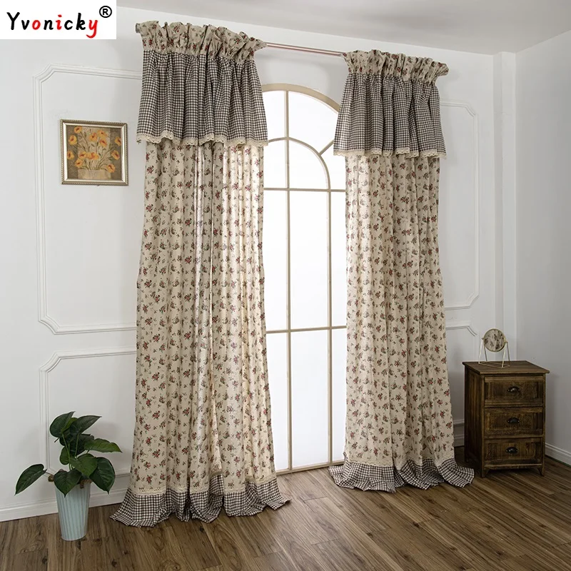 Korean Rural Plaid Curtains Floral Cotton Linen Blackout Cortinas Beautiful Pastoral Ruffles Window Treatments with Valance