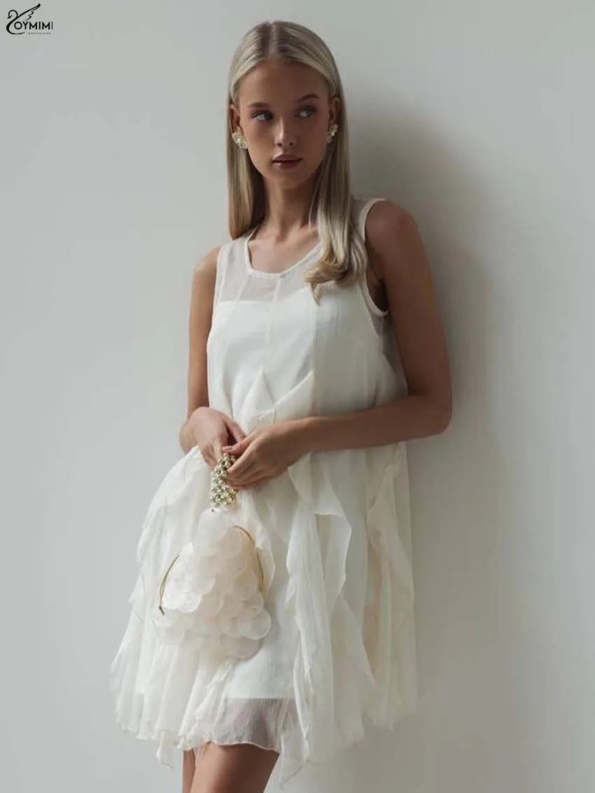 

Oymimi Fashion Apricot Loose Womens Dresses Elegant O-Neck Sleeveless Ruffled Dresses Autumn New Pleated Mini Dress Streetwear
