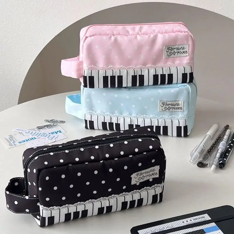 NEW Kawaii Polka Dot Piano Key Print Pencil Case With Handle Large Capacity Pencil Pouch Stationery Bag Gift