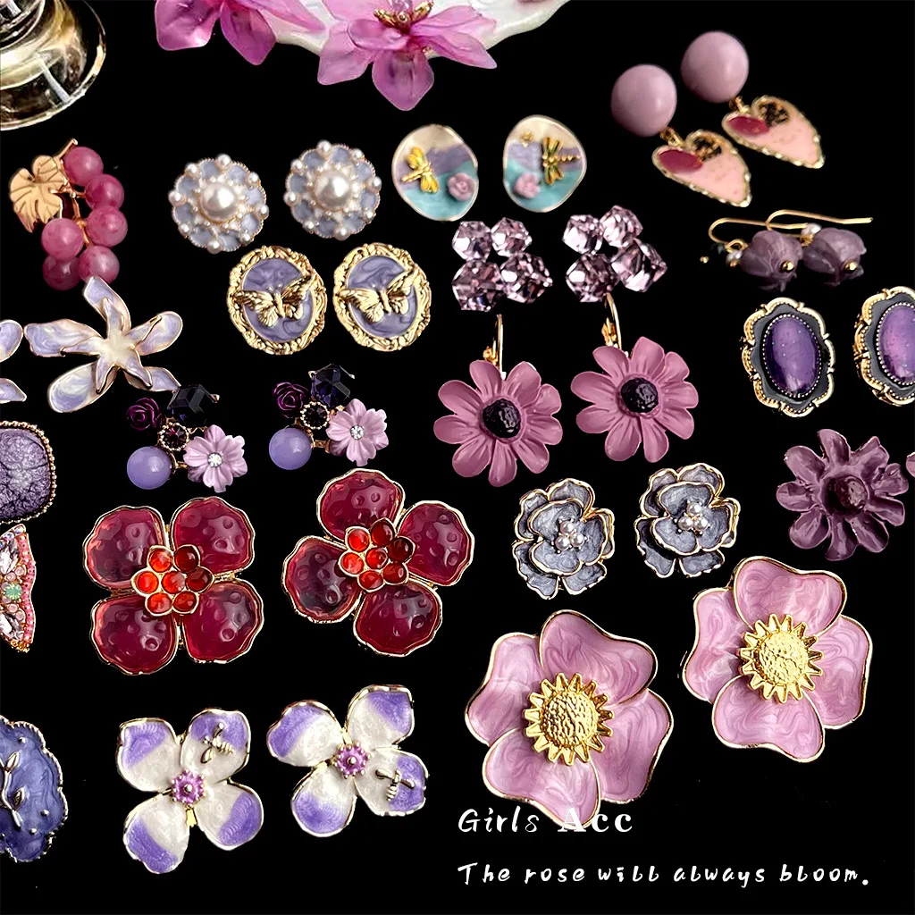 Vintage Oil Painting Flower Earrings French Super Fairy Purple Oil Drip Earrings Premium Feeling Earrings