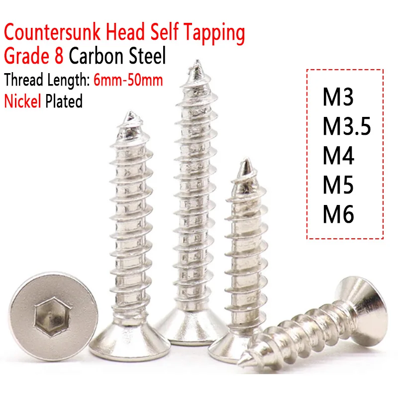 5/10/20~100pcs M3 M3.5 M4 M5 M6 Black 8.8 Carbon Steel Nickel Plated Allen Hex Socket Flat Countersunk Head Self Tapping Screw